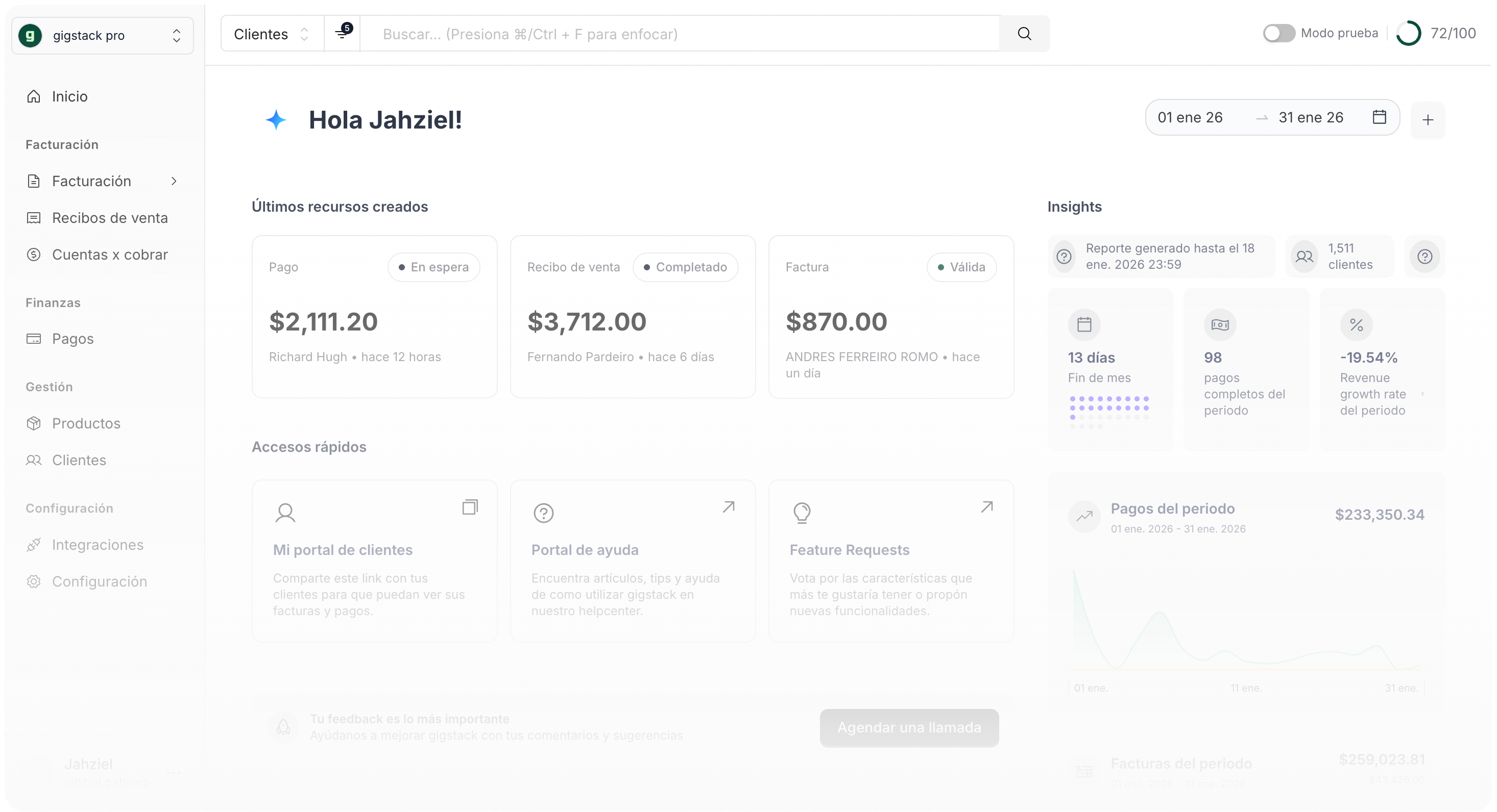 Dashboard principal de gigstack mostrando ingresos, facturas y métricas